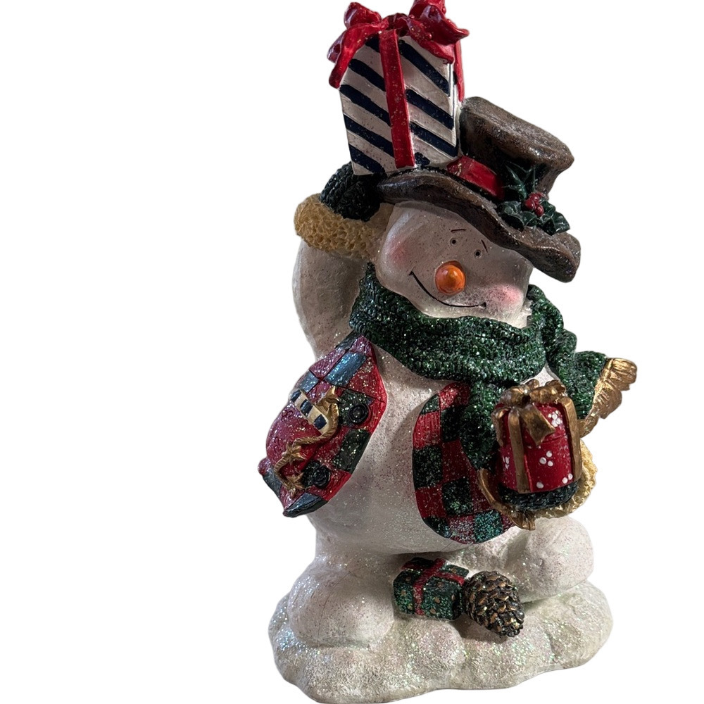 Festive Glittery Snowman Figurine with Gifts